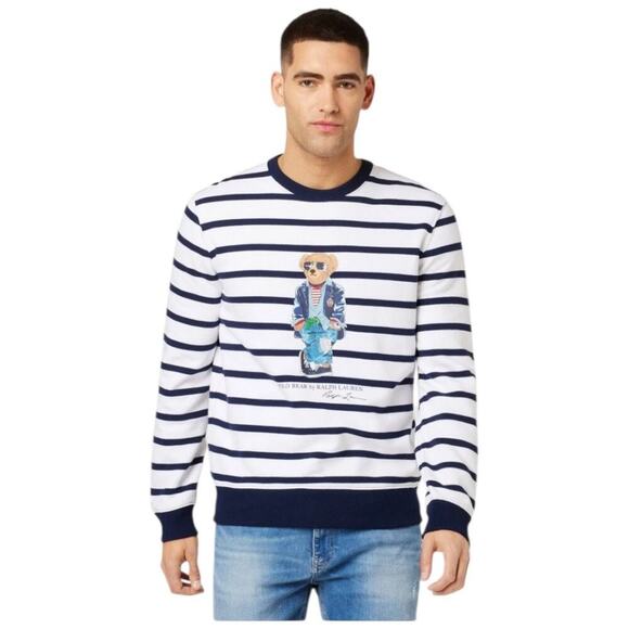POLO RALPH LAUREN Men’s Navy Blue/White Polo Bear Striped Fleece Sweatshirt - Picture 12 of 16